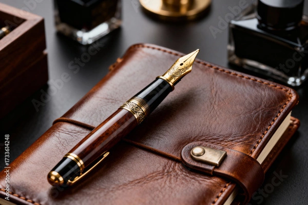 Fototapeta A fountain pen resting on a brown leather journal with ink bottles in the background on a dark surface