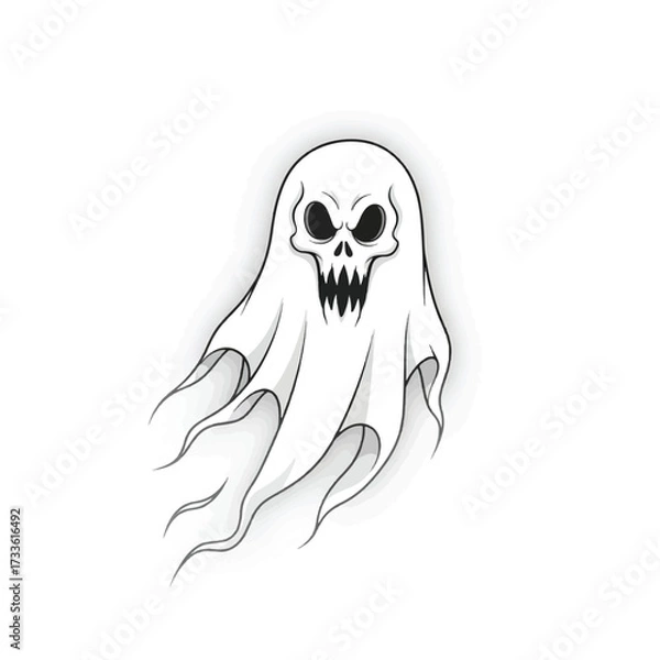 Obraz Cartoon illustration of a spooky white ghost with a skull face and flowing fabric.