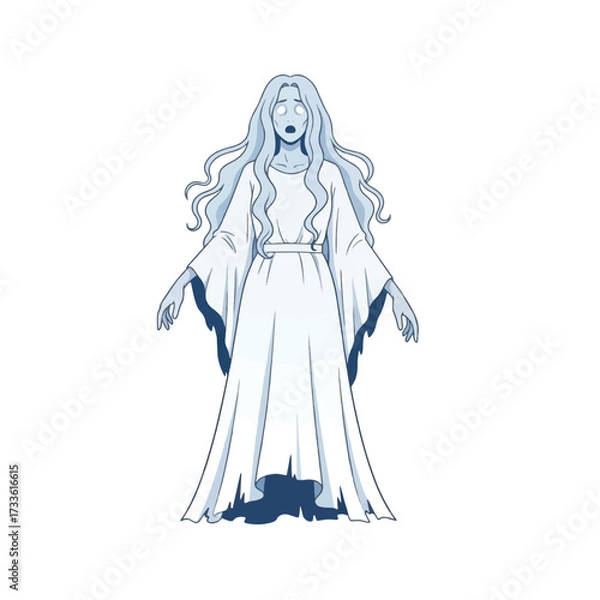 Obraz A ghostly figure with long flowing hair and a white dress stands alone.