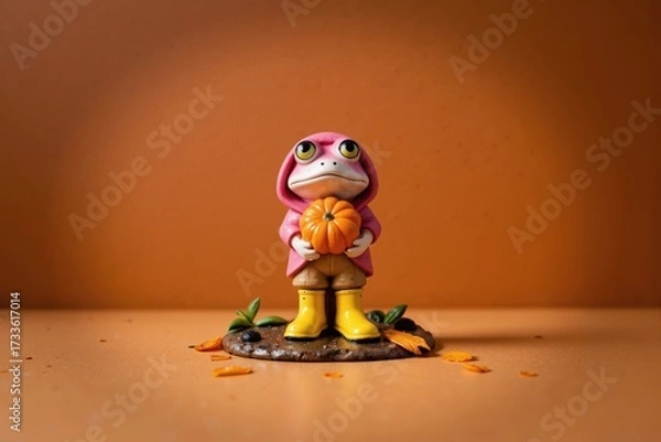 Fototapeta a figurine of a frog with a pink raincoat