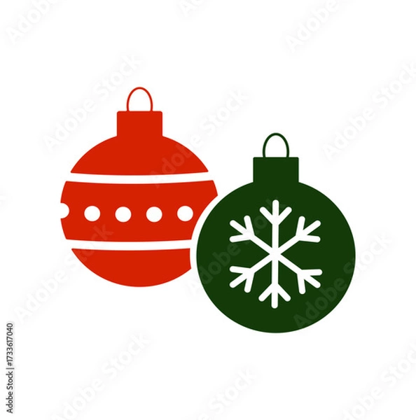 Fototapeta Red and green Christmas ornaments with white patterns, isolated on white background