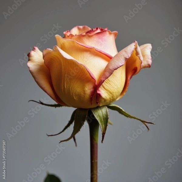 Fototapeta a single rose is shown in front of a gray background