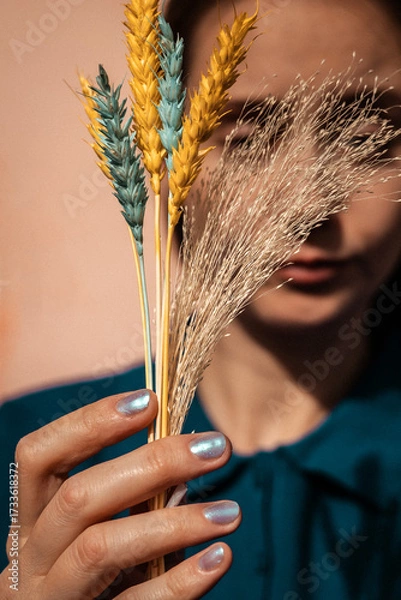 Fototapeta A minimalist close-up of hands holding dried grasses and colored blue yellow wheat, soft natural textures and warm tones Perfect for editorial, lifestyle, sustainability nature-oriented visual content