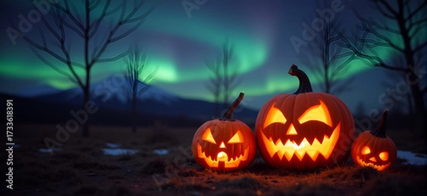 Fototapeta Halloween pumpkins with a blurred background of the aurora borealis