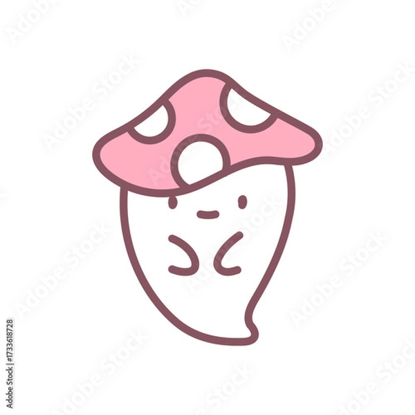 Fototapeta Cute ghost with mushroom hat icon. Funny little spirit wearing mushroom cap as hat, whimsical design. Doodle illustration isolated on white background. Kawaii halloween sticker. Vector 10 EPS.