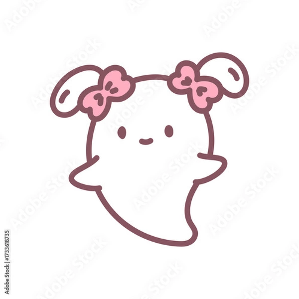 Fototapeta Cute girl ghost icon. Funny little ghost with two ponytails tied with pink bows, cheerful halloween mood. Doodle illustration isolated on white background. Kawaii sticker. Vector 10 EPS.