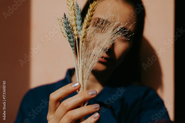 Fototapeta A minimalist close-up of hands holding dried grasses and colored blue yellow wheat, soft natural textures and warm tones Perfect for editorial, lifestyle, sustainability nature-oriented visual content