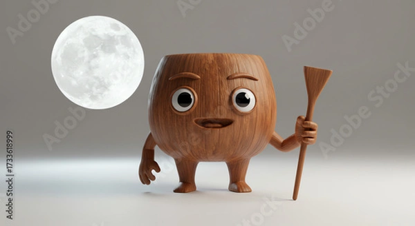 Obraz Wooden character holding spatula under moon