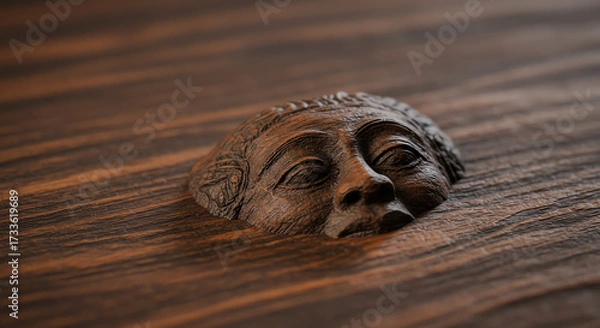 Obraz Wooden face carving emerging from surface