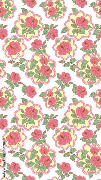 Fototapeta Floral pattern featuring vibrant pink flowers with green leaves transparency background, creating striking and elegant design. This pattern is perfect for textiles, wallpapers, and various