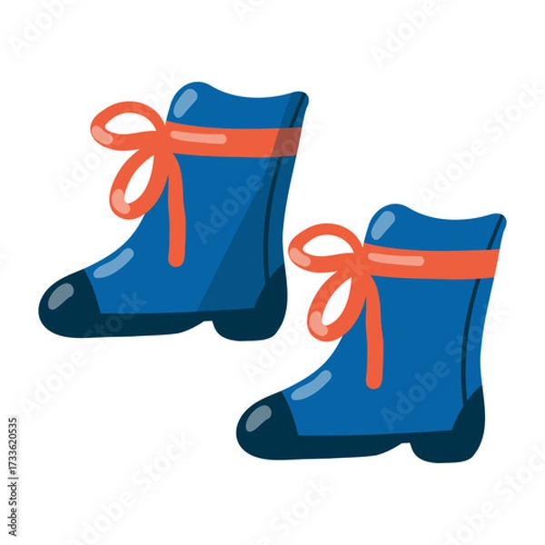 Obraz Pair of blue rubber boots with a red ribbon bow. Cute waterproof footwear in a fun doodle style. Hand-drawn. Perfect for autumn, spring, and gardening. Isolated design element on white background.