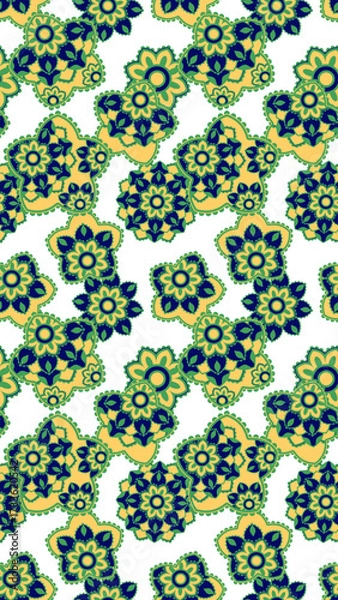 Fototapeta Bright floral pattern featuring intricate designs blue, green, and yellow against transparency background, creating vibrant and lively aesthetic. This decorative motif is perfect for textiles