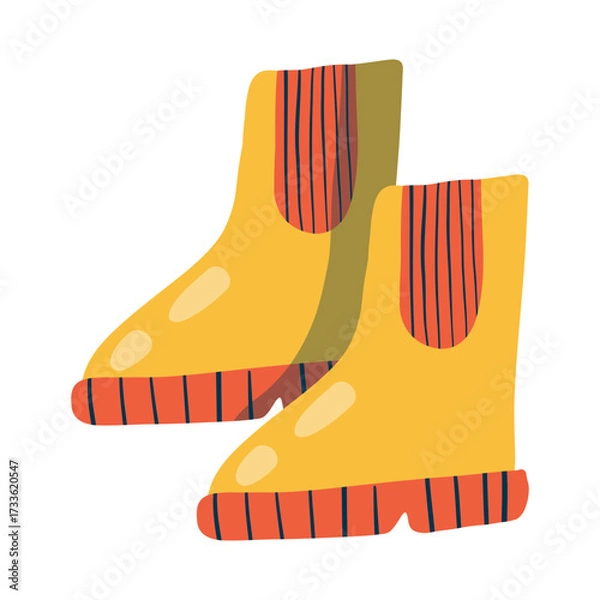 Obraz Pair of yellow rubber boots. Cute waterproof footwear in a fun doodle style. Hand-drawn illustration. Perfect for autumn, spring, and gardening. Isolated design element on white background.