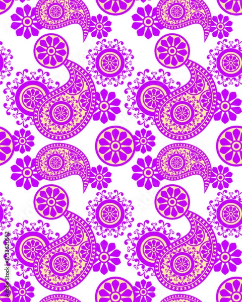 Fototapeta Vibrant paisley pattern featuring intricate designs in purple and gold, complemented by floral motifs on transparency background, creating lively and artistic visual appeal