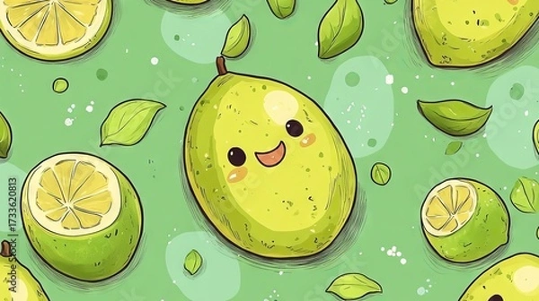 Fototapeta 98.Seamless pattern design with cute fruit characters. Repeat tile with kawaii lemon and lime drawing