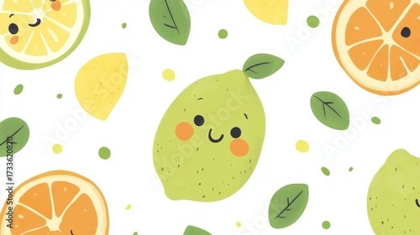Fototapeta 98.Seamless pattern design with cute fruit characters. Repeat tile with kawaii lemon and lime drawing