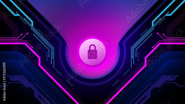 Obraz Digital technology and purple button. Security icon dashboard. Abstract network communication lock background. Computer circuit interface screen protection