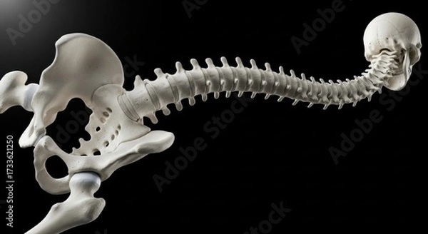 Fototapeta An anatomical model showing the human spine pelvis and skull against a black background space for text