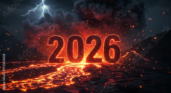 Obraz Year 2026 with volcano lava and lightning