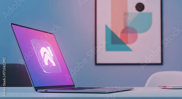 Fototapeta Sleek Laptop Display with Abstract Art Backdrop