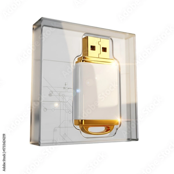 Fototapeta Gold and white usb flash drive in clear packaging isolated on transparent background