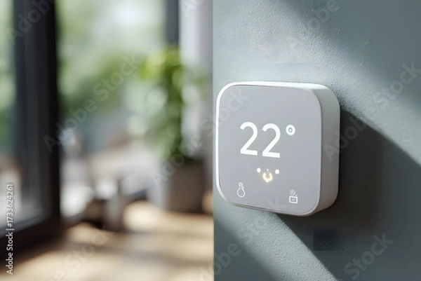 Fototapeta Smart thermostat showing temperature in modern smart home