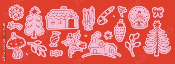 Fototapeta Vector illustration in simple hand drawn style, in trendy playful whimsical quirky style, for Christmas and New Year prints, cards, banners, with funny and friendly mascot and character