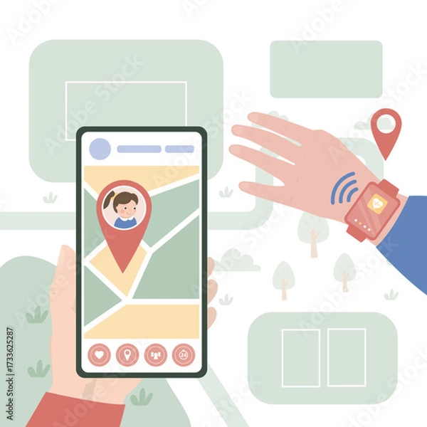 Fototapeta Monitoring whereabouts of kid. Phone screen with geolocation tracking app. Concept of parental control and protection. Parents communicate with child through smartwatch