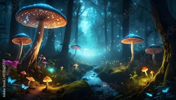 Fototapeta Enchanted Forest with Bioluminescent Mushrooms and Fireflies