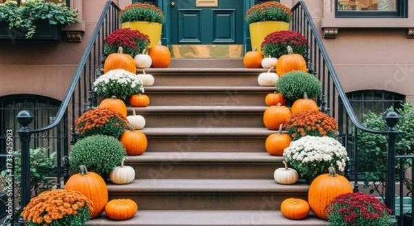 Fototapeta Fall decorations adorn the steps of a building with pumpkins and colorful mums in pots and on the stairs