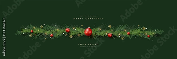 Fototapeta Merry Christmas and happy new year sale banner template with pine garland red baubles and festive lights on dark green background for holiday greeting card, social media, greetings, and promotion.