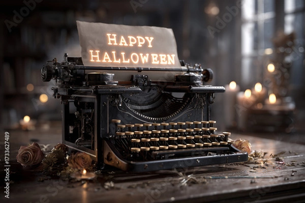 Fototapeta vintage black typewriter on an old wooden desk, a sheet of paper emerging with glowing ghostly words “Happy Halloween” 