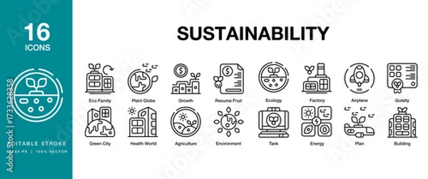 Fototapeta Sustainability icon set. Includes sustainability, green, nature, environment, sustainable and More. Editable Stroke Icon Collection.