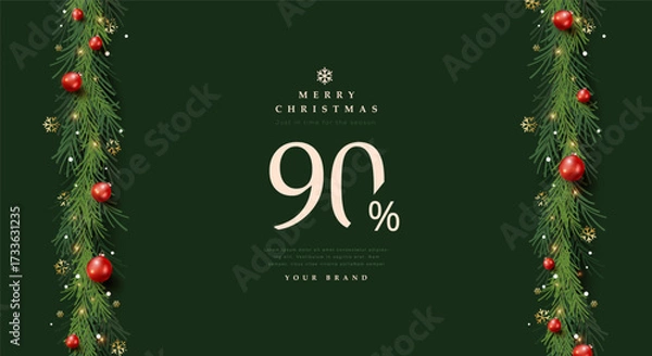 Fototapeta Luxury style Merry Christmas and happy new year sale banner template with elegant green pine leaves red ball ornaments and golden snowflakes on dark background.
