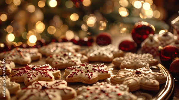 Fototapeta Handmade Christmas cookies, gingerbread cookies on  blurred background of festively decorated Christmas tree lights. Close-up.