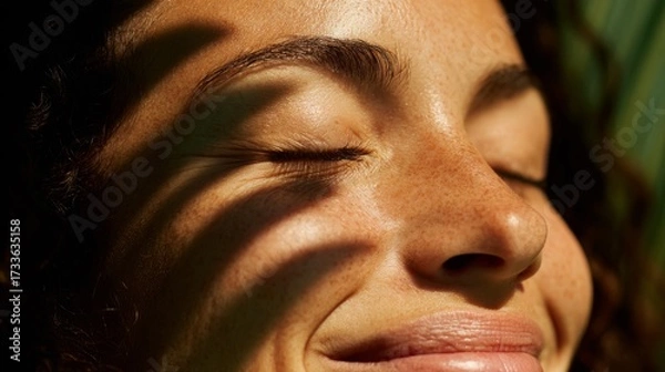Fototapeta Bright sunlight casts playful shadows on a woman's smiling face in a lush outdoor setting during a warm afternoon