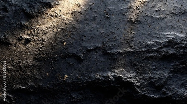 Fototapeta Detailed abstract texture of a rough grey black granular surface with natural pits and pores highlighted by warm sunlight casting deep shadows suggesting a rugged elemental material