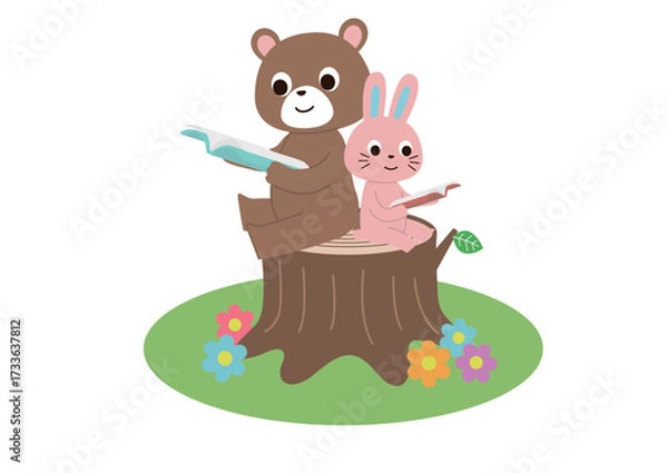 Fototapeta 切り株に座って一緒に本を読んでいるくまとうさぎ