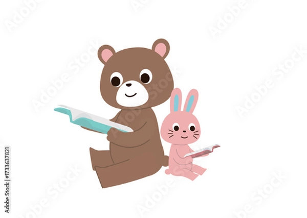 Fototapeta 背中合わせに座って本を読んでいるくまとうさぎ