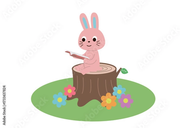 Fototapeta 原っぱの切り株に座って読書しているウサギさん