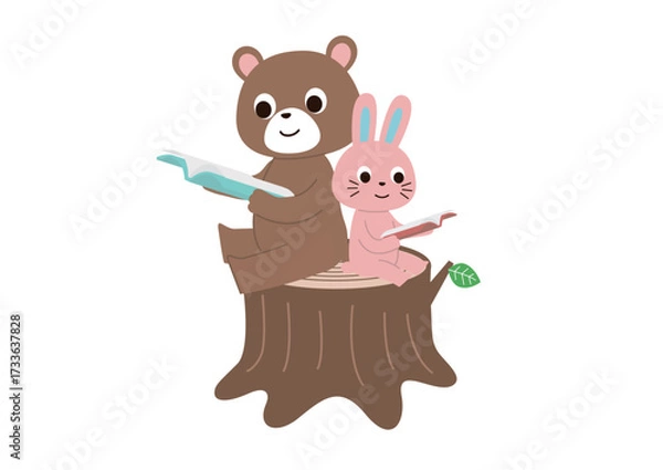 Fototapeta 切り株に座ってふたりで読書しているクマとうさぎ