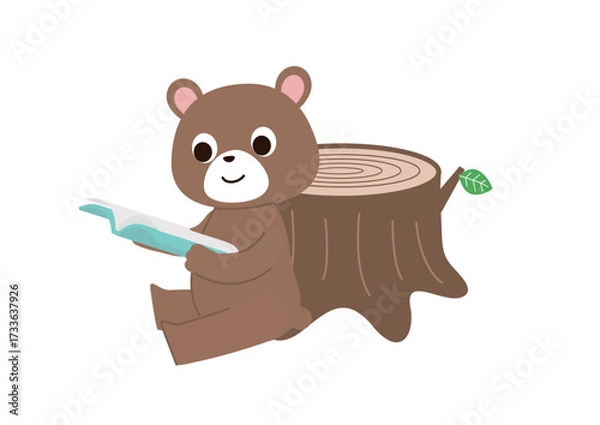 Fototapeta 切り株のそばに座って読書しているクマさん