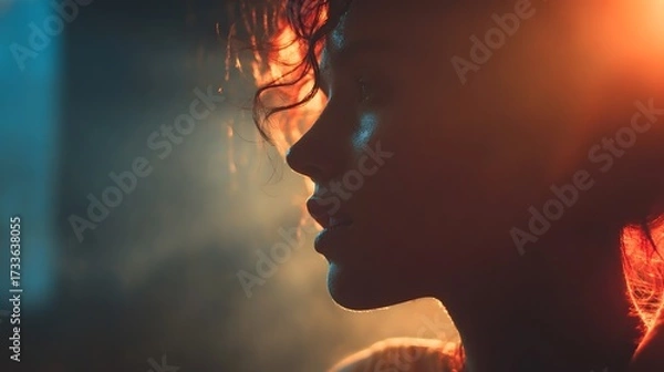 Fototapeta A dramatic moody portrait featuring the profile of a person illuminated by starkly contrasting warm orange and cool blue light with swirling atmospheric smoke enhancing the intense mood