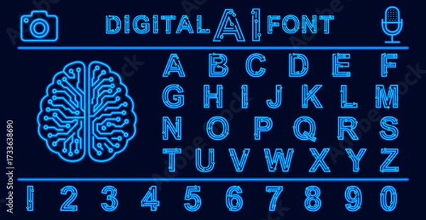 Obraz Futuristic Digital AI Font with Circuit-Inspired Design, Neon blue tech font with icons of brain, camera, and microphone