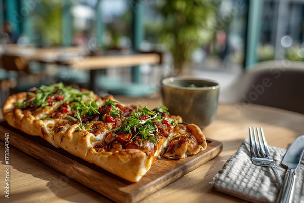 Fototapeta Delicious Pide Casual served in authentic setting