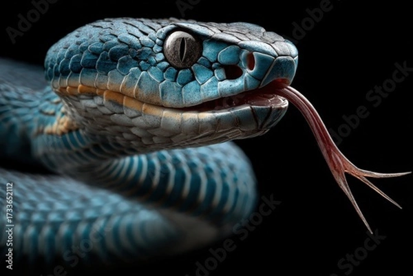Fototapeta A snake extends its tongue while resting on a tree branch
