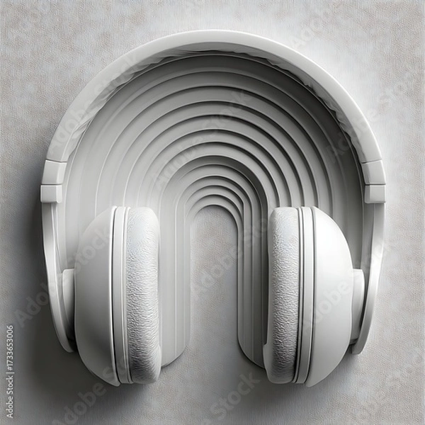 Obraz Minimal white headphones illustration with layered design in modern surreal paper art style. Music concept
