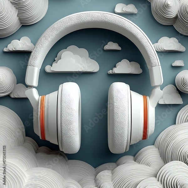 Obraz Large headphones illustration surrounded by clouds in creative layered paper art style. Music concept
