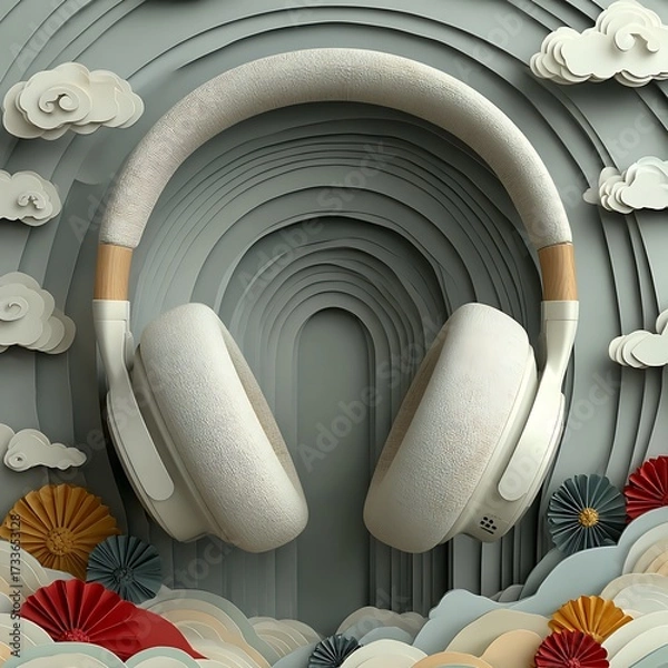 Obraz Stylized headphones illustration with clouds and layered arch shapes in surreal decorative paper art. Music concept

