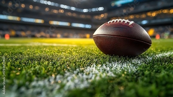 Obraz Close up of football on green grass field inside illuminated stadium with bright lights. Sports concept

